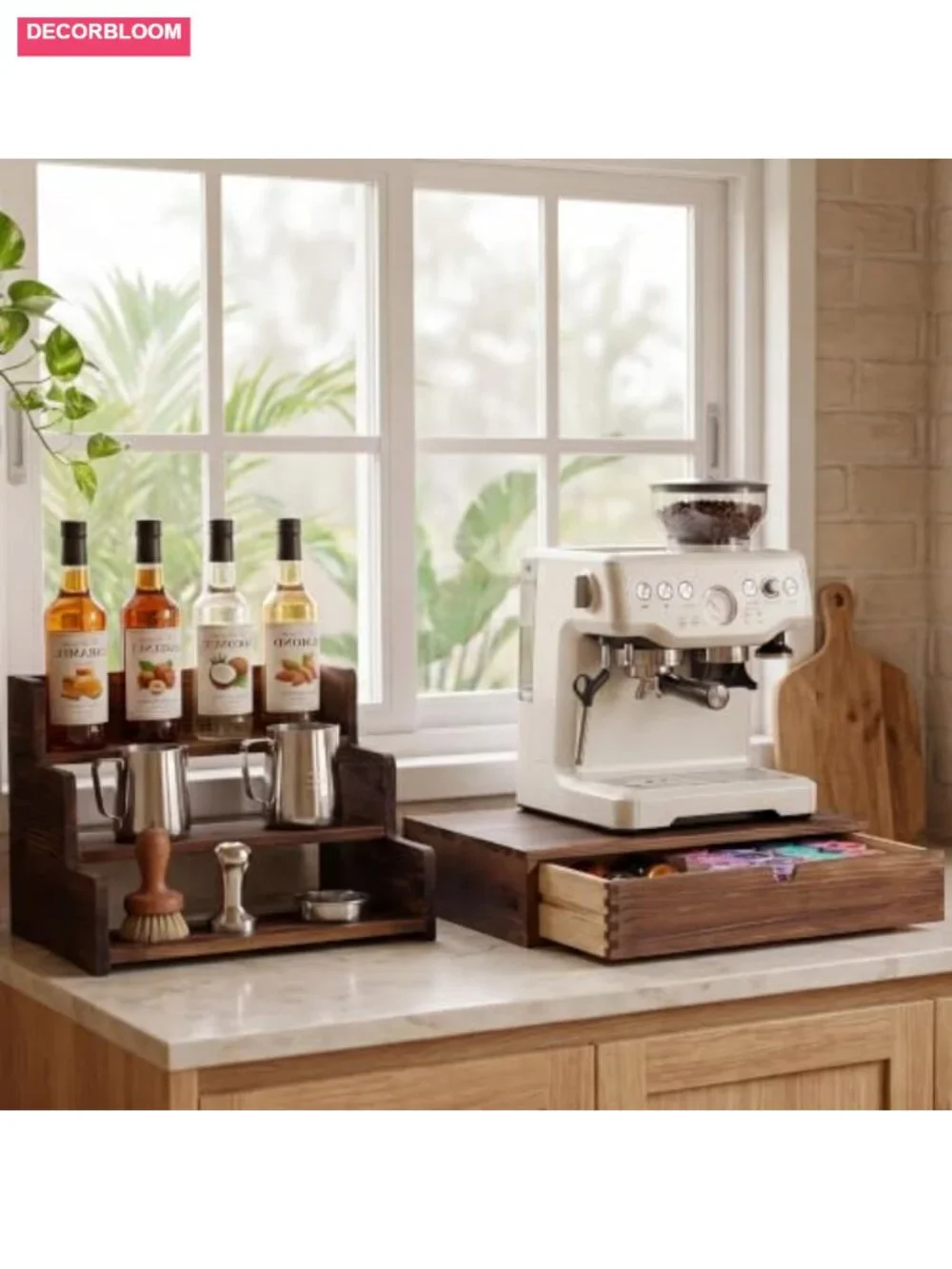3-Tier Wooden Coffee Station Organizer with K Cup Holder Drawer, 30 Pod Capacity